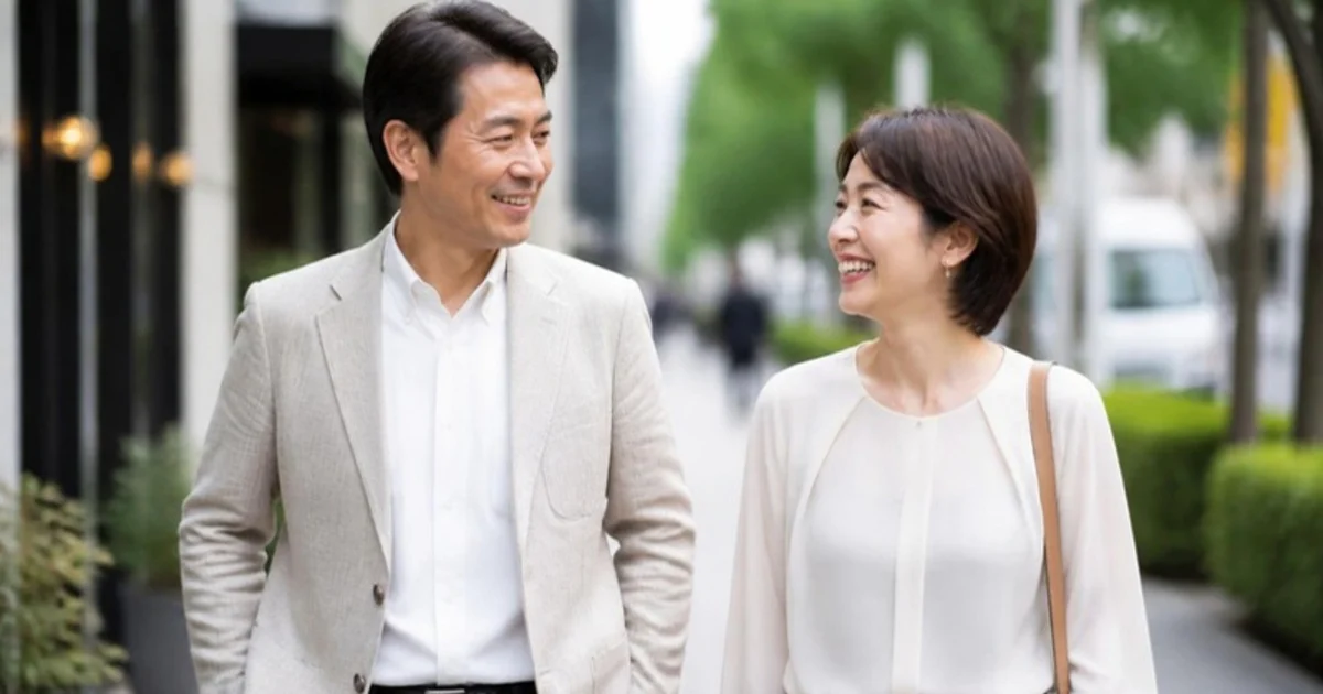 街を歩いてデートする40代の男女