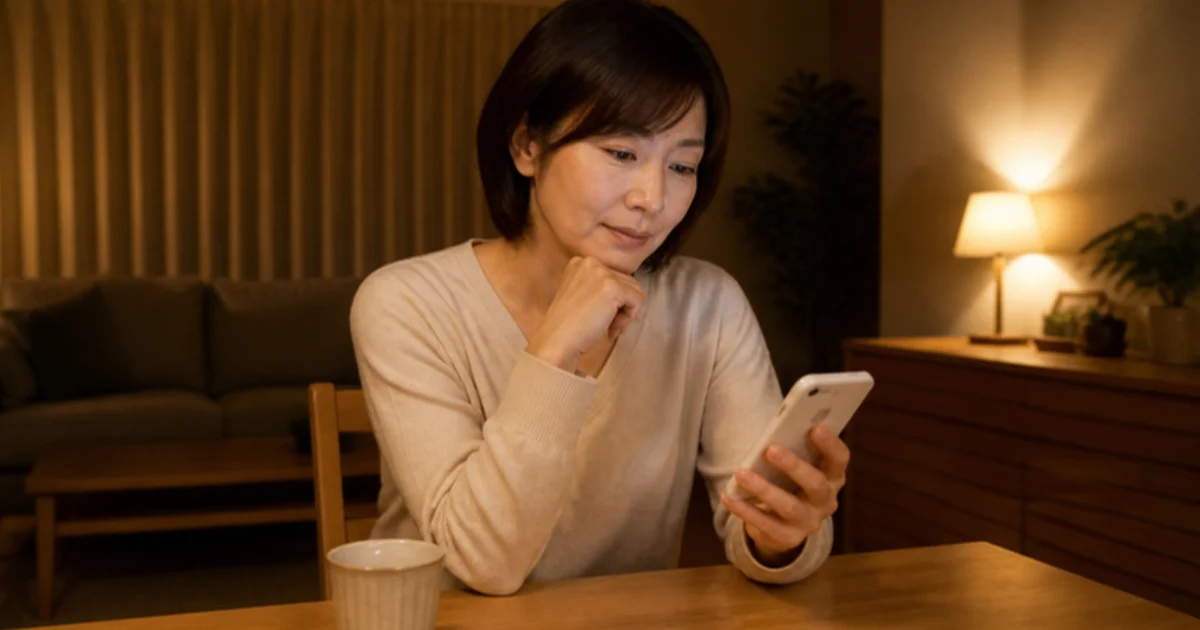 スマホでいいねを確認する40代女性