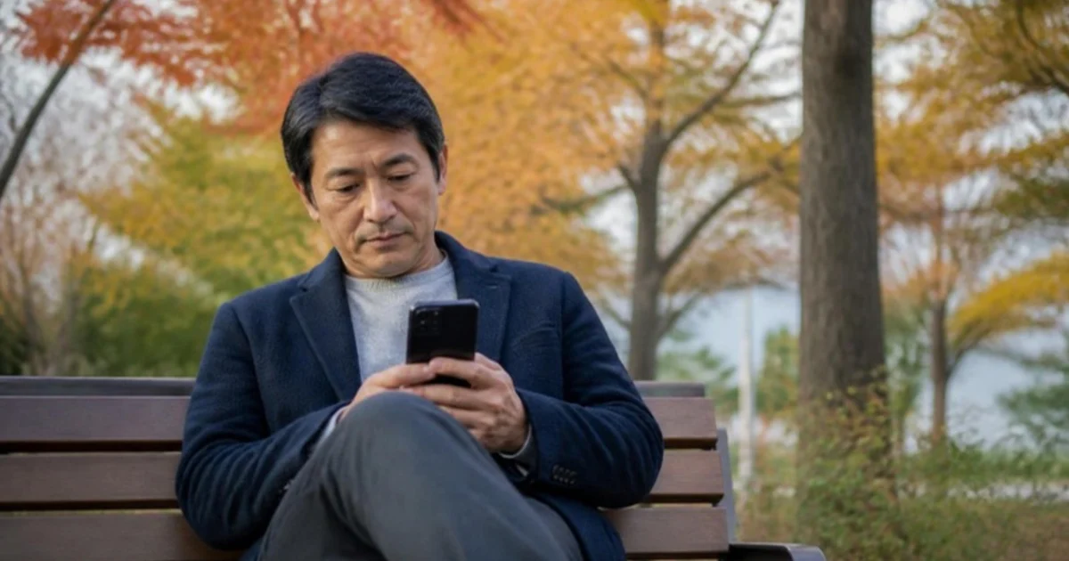 公園のベンチでスマホを見る50代の男性